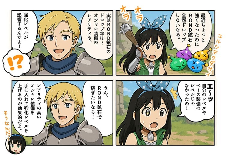 元素騎士オンラインでお金を稼ぐためにはROND鉱石を手に入れるのが重要。ROND鉱石のドロップ率を上げるオシャレ装備と強化レベルについて解説！